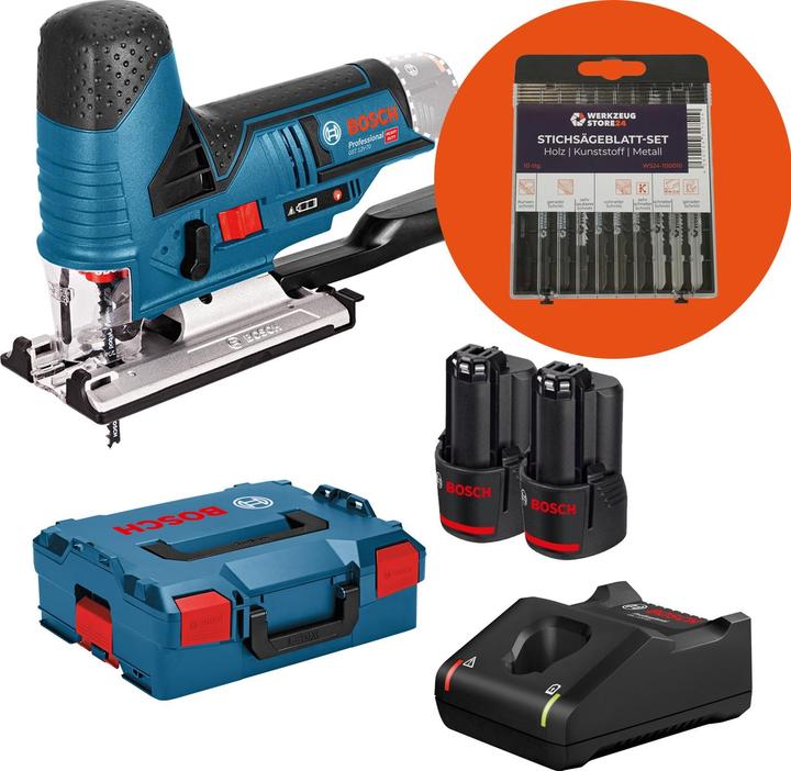 Produktbild Bosch Hausgeräte Akku-Stichsäge GST 12V-70 / 2x 2,0 Ah Akku + Ladegerät + Stichsägeblatt-Box 10tlg. Holz/Metall