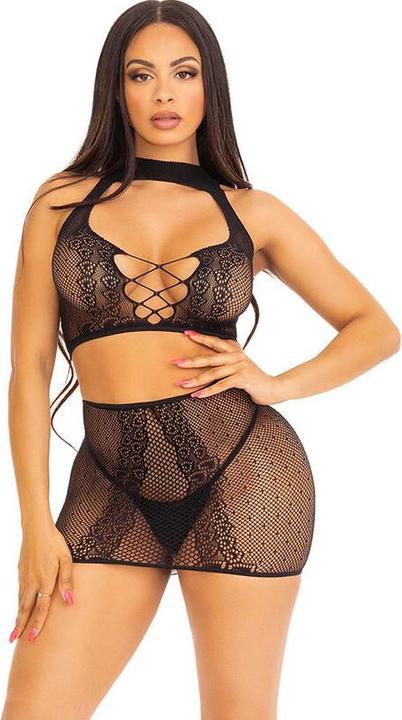 Actual product image Leg Avenue Open Lace Top And Skirt In Fuchsia (One size)