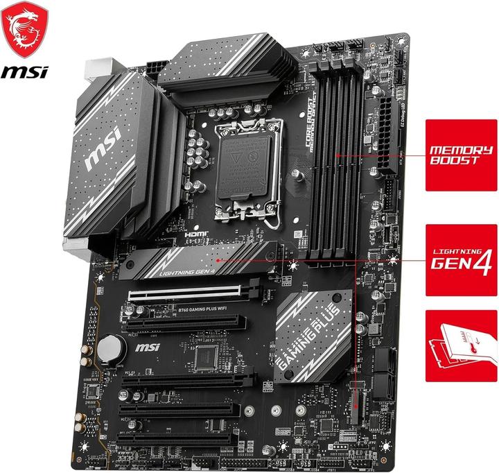Image du produit MSI B760 GAMING PLUS WIFI LGA1700 mATX MB 4xDDR5 4xSATA 2xM.2 (LGA 1700, Intel B760, ATX)