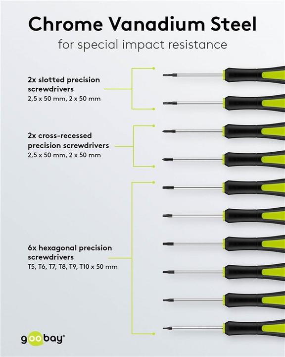 Immagine prodotto Goobay 74005 Set di cacciaviti a mano Cacciavite di precisione (Fessura croce Phillipps (PH), Torx (TX), Fattucchiera)