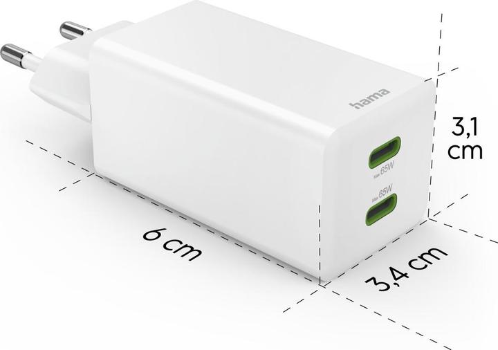 Produktbild Hama Schnellladegerät, GaN, 2x USB-C, PD/Qualcomm®, Mini-Ladegerät, 65 W, Weiss (65 W, 2 Ports)