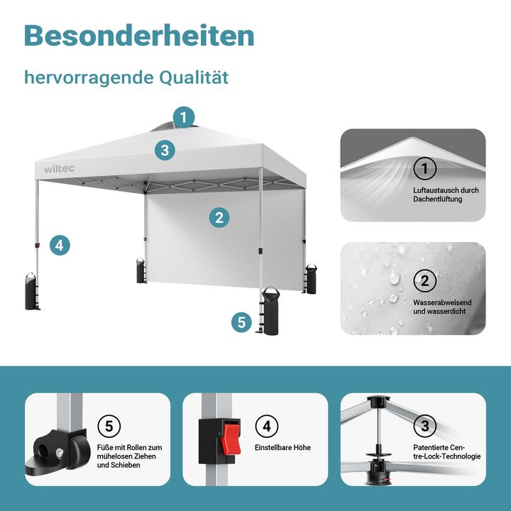 Actual product image Wiltec Pop up Pavillon 3x3m weiss Seitenteil Räder Gartenpavillon Faltpavillon (300 cm, 300 cm)