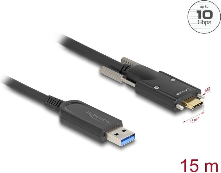 Immagine prodotto Delock Cavo ottico attivo da spina USB 10 Gbps Type-A a spina USB Type-C™ con viti laterali 15 m (15 m, USB 3.2 Gen 2)