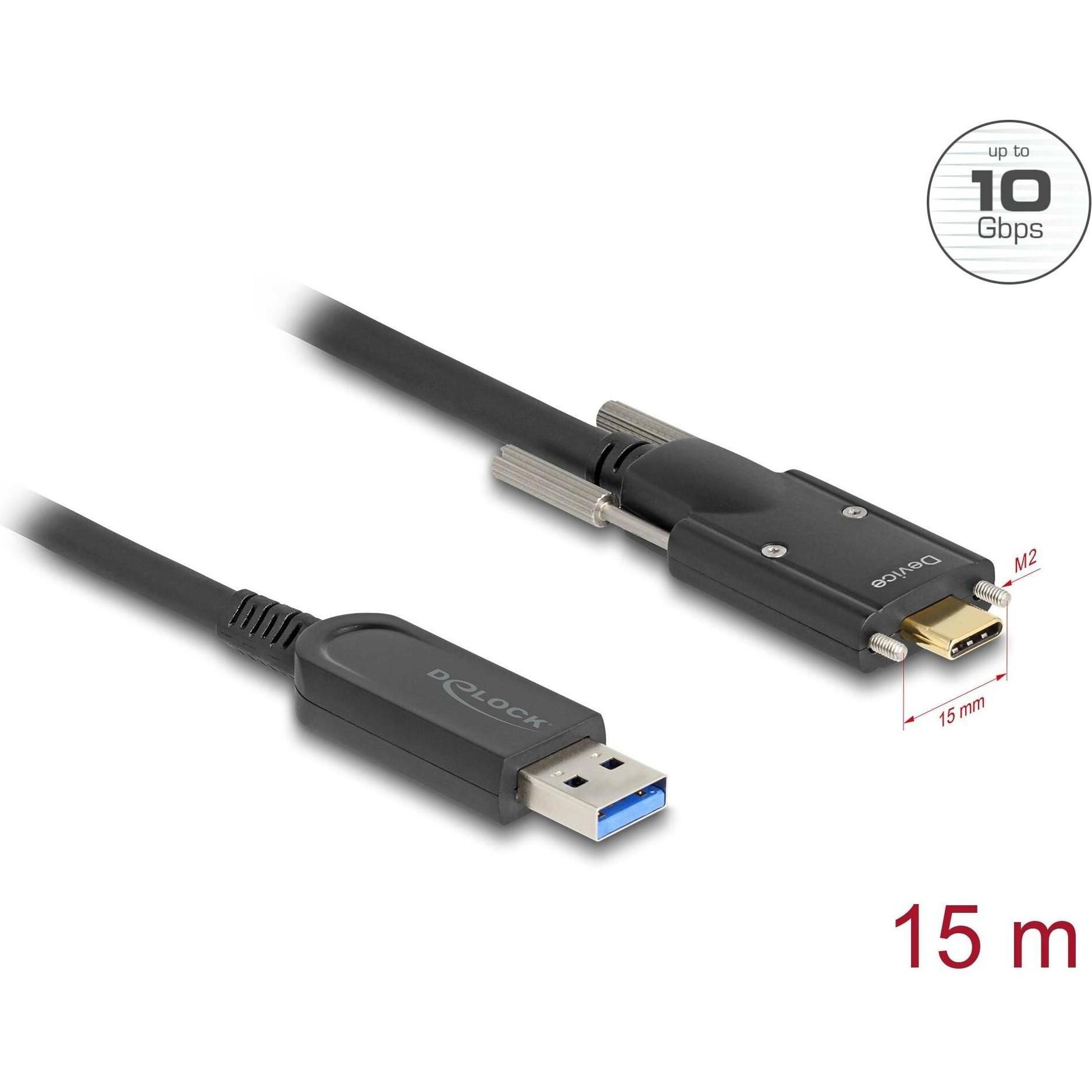 Delock Aktives Optisches Kabel USB 10 Gbps Typ-A Stecker zu USB Type-C™ Stecker mit Schrauben seitlich 15 m (15 m, USB 3...