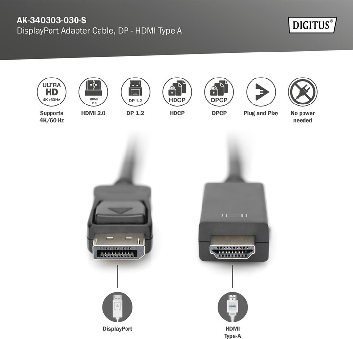 Produktbild Digitus DisplayPort — HDMI (Typ A) (3 m, DisplayPort, HDMI)