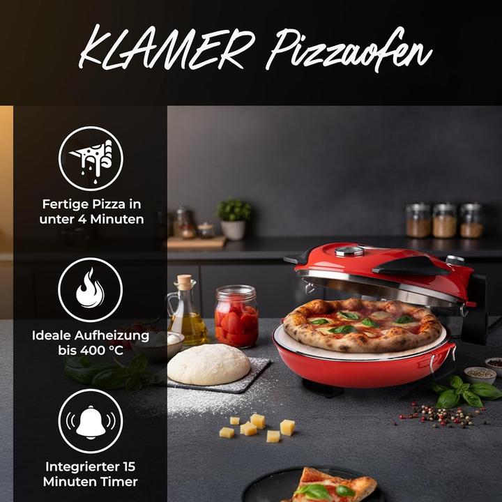 Image du produit KLAMER Pizzaofen elektrisch, Pizza Ofen mit ⌀ 31cm, 1200W, 400°C, abnehmbarer Keramik Pizzastei…