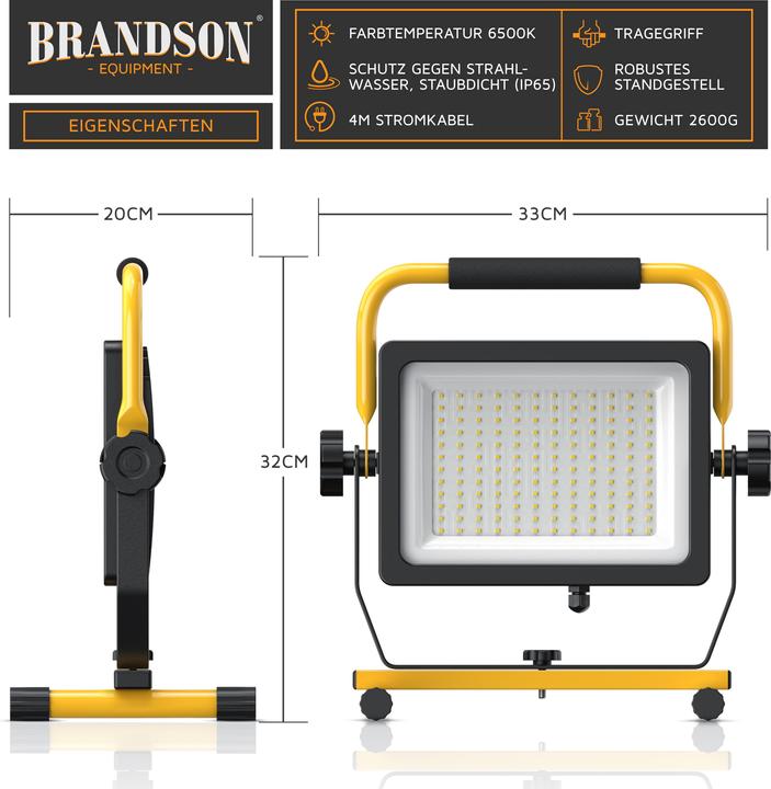 Produktbild Brandson Baustrahler, 100W LED Arbeitsleuchte, 144 SMD LEDs, Bauscheinwerfer, Bauscheinwerfer, 4m Kabel, IP65 (10000 lm)