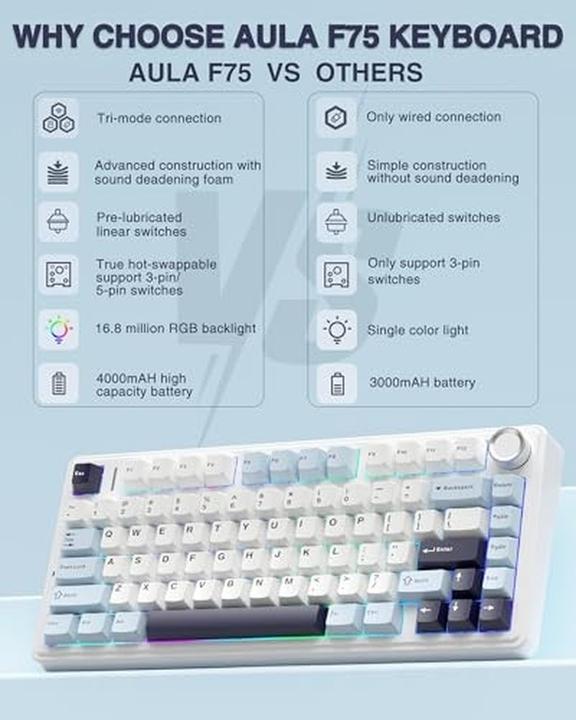 Produktbild Aula F75 mechanische drahtlose Tastatur (DE, Kabelgebunden, Kabellos)