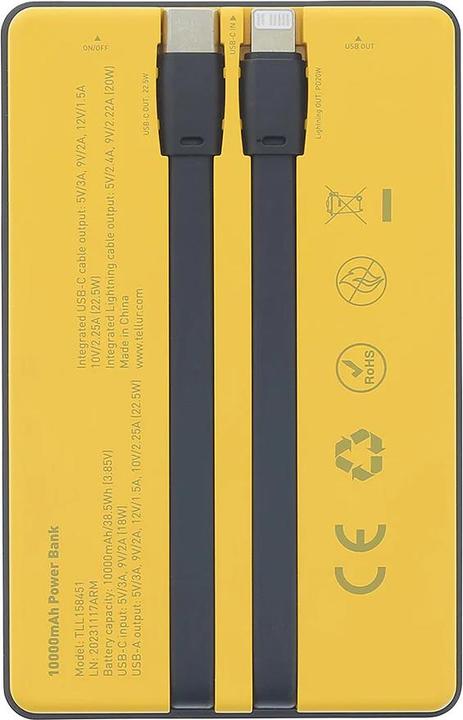 Actual product image Tellur Power Bank 10000mAh, USB-C + Lightning cables built-in yellow (10000 mAh)