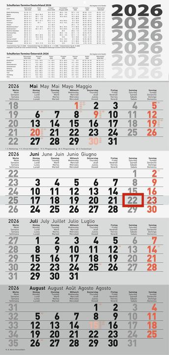 rido/id 7033420006 | 4-Monatskalender 2026 | grau, 300630 mm (Französisch, Italienisch, Englisch, Spanisch, Deutsch)