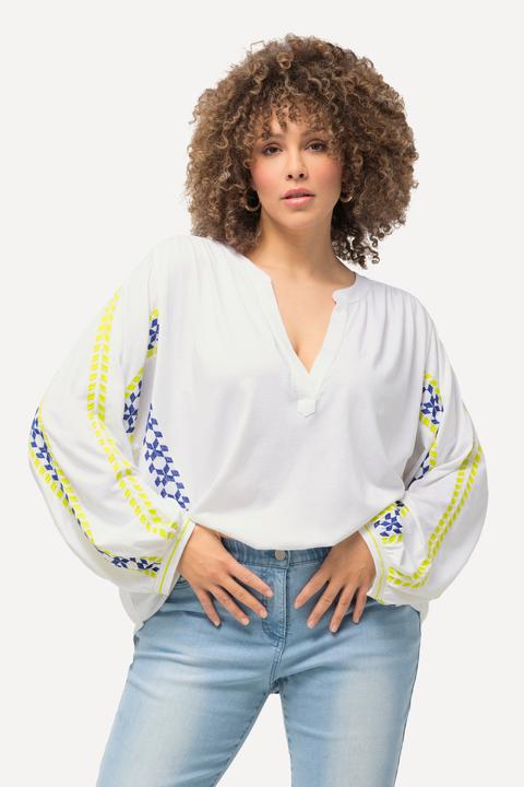 Actual product image Ulla Popken Stripe Detail Long Sleeve Linen Blend Blouse (46, 48)