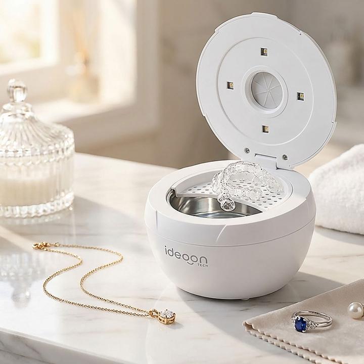 Ideoon Ultraschallreiniger 25 Watt, 200 ml, 11,3 x 11,3 x 8,9 cm, weiss (45 kHz, 200 ml)