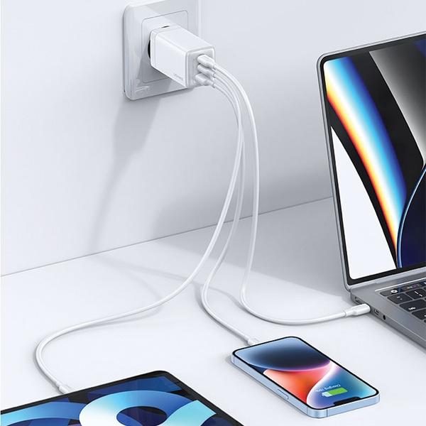 Actual product image Usams Ład. siec. 2xUSB-C+1xUSB 65W (only head) GaN PD3.0 +QC3.0 Fast Charging fioletowy/gradient pur (65 W, 3 ports)