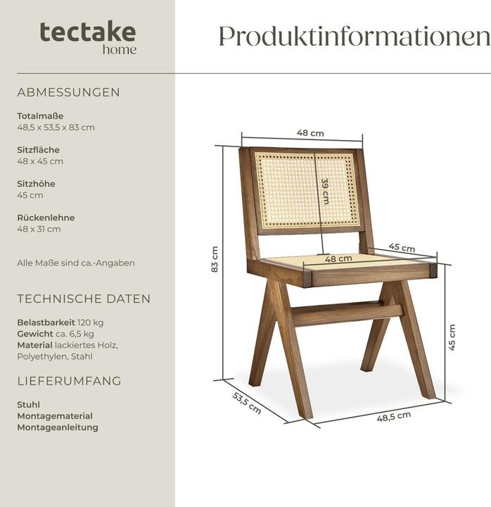 Produktbild tectake Holzstuhl Lissy mit Wiener Geflecht, Belastbarkeit 120 kg
