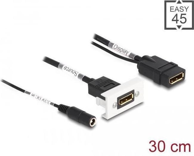 Actual product image Delock Easy 45 DisplayPort 4K 60 Hz module with DC feed 2.1 x 5.5 mm and cable whip, 22.5 x 45 m...
