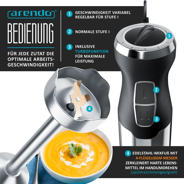 Produktbild Arendo Stabmixer mit Messbecher, 1000W, Edelstahl, vierflügeliges Messer, Pürierstab, DC Motor, Turbotaste