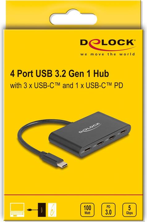 Immagine prodotto Delock Hub USB 3.2 Gen 1 USB Type-C™ con 3 x Jack USB Type-C™ + 1 x USB Type-C™ PD 100 Watt (USB-C, 4 porte)