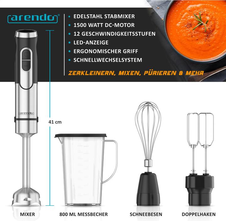 Produktbild Arendo Stabmixer Edelstahl Pürierstab,1500 Watt, Handmixer, 12 Stufen, Schneebesen & Mixbecher, DC-Motor