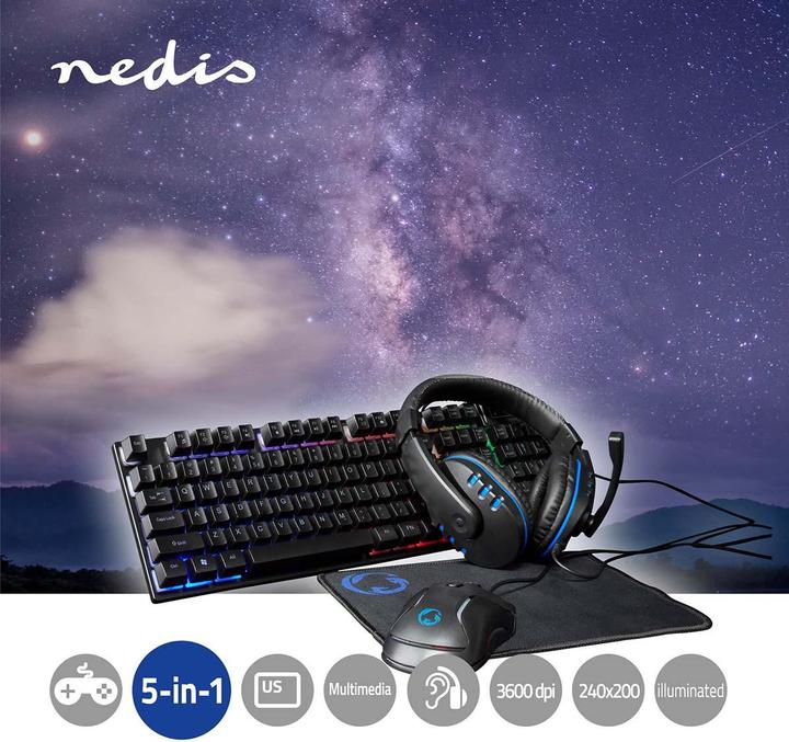 Image du produit Nedis Gaming Combo Kit | 5-en-1 | Clavier, Casque, Souris et Tapis de souris | Noir | QWERTY | US-Layout (ING. Int., Filaire)