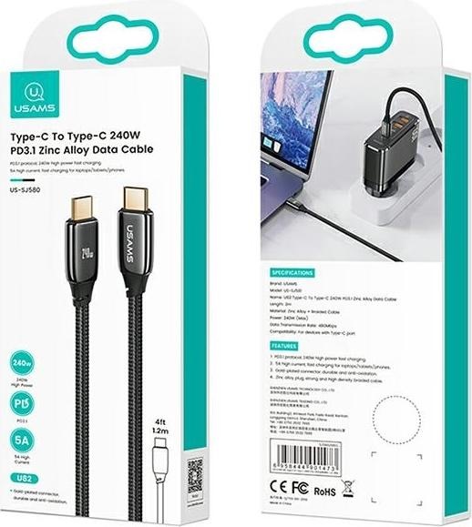 Produktbild Usams Ladekabel Typ-C zu Typ-C - Schwarz (2 m, USB 3.1)