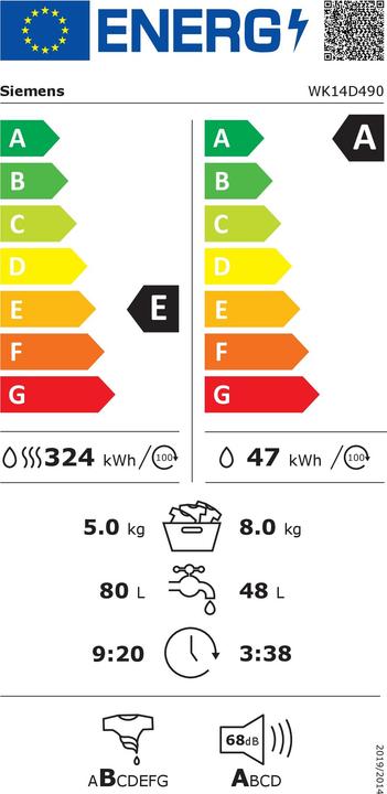 Label énergétique Siemens iQ500, Einbau-Waschtrockner, 8/5 kg, WK14D490