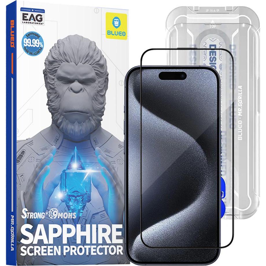 Blueo - Sapphire Screen Protector with Applicator Pro - iPhone 15 Pro - Black (1 pz., Apple iPhone 15 Pro), Pellicola protettiva smartphone, Nero