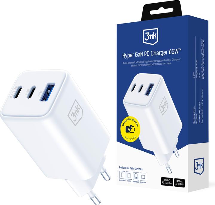 Image du produit 3MK Ładowarka sieciowa Hyper GaN Charger 65W 1xUSB-A 2xUSB-C PD QC4+ biały (65 W, 3 ports)