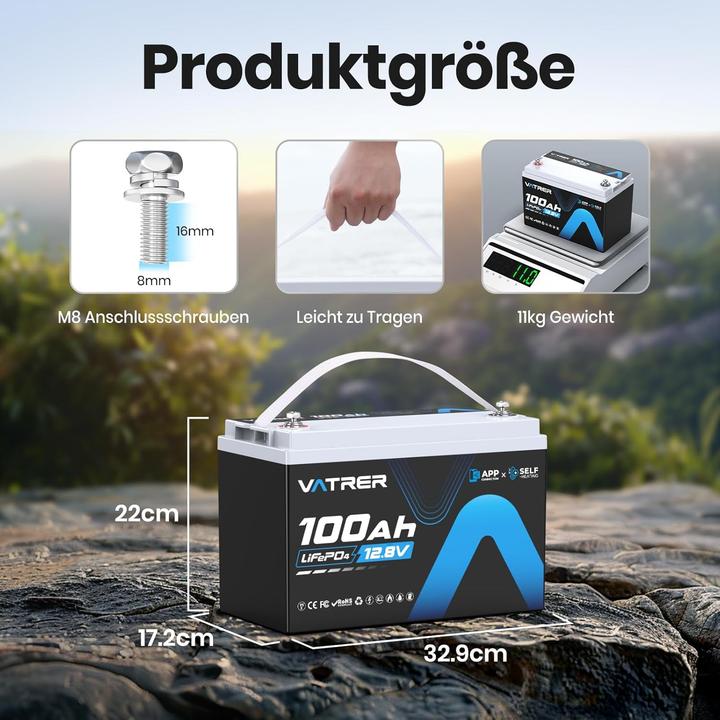 Produktbild Vatrer Power LiFePO4 12V 100Ah Lithium-Akku mit Bluetooth (12 V, 100 Ah)