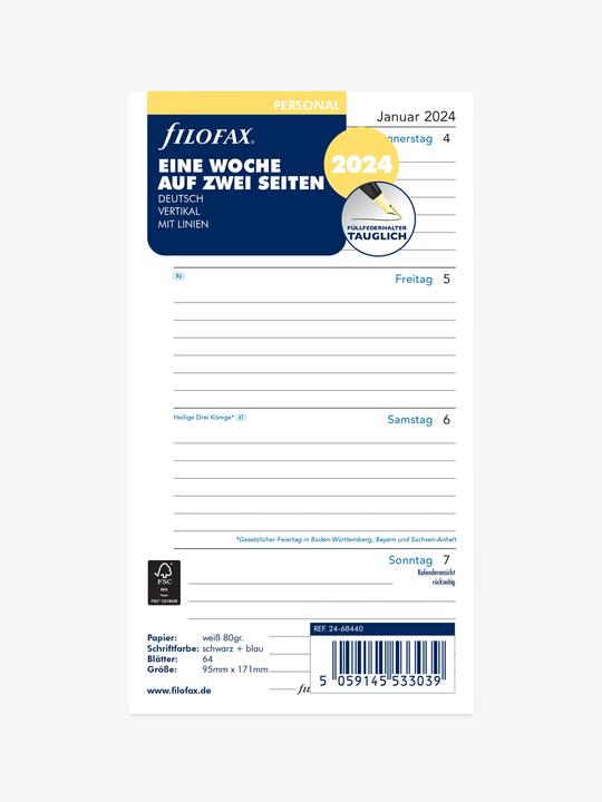 Actual product image Filofax Calendar insert (95 x 171 mm, 1 week / 2 pages)