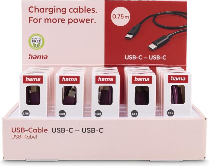 Produktbild Hama Ladekabel, USB-C - USB-C, 0,75 m, 20 Stück im Display (0.75 m, USB 2.0, 60 W)