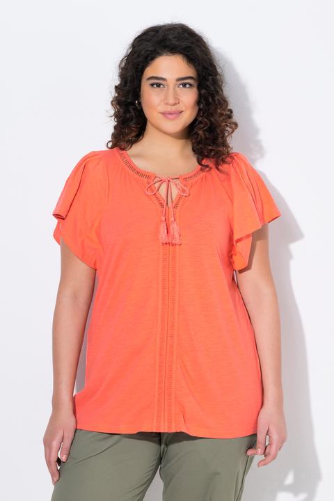 Image du produit Ulla Popken T-shirt col tunisien et manches courtes chauve-souris. Galons fantaisie. (46, 48)