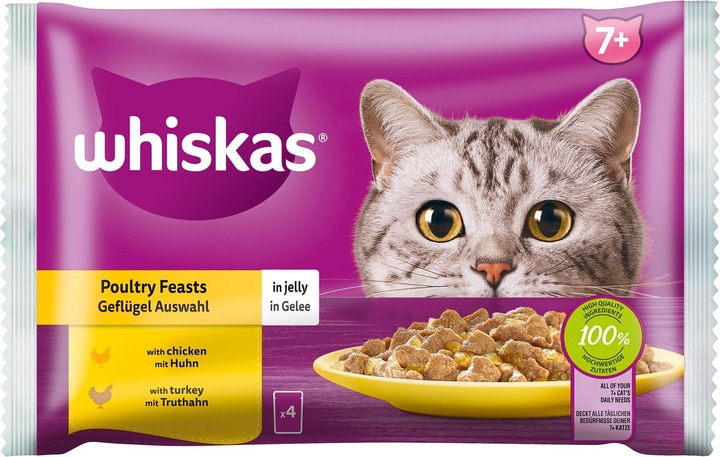 Produktbild Whiskas Frischebeutel 85g Geflügel Auswahl in Gelee 7+ 4-Pack (Senior, 4 Stk., 340 g)