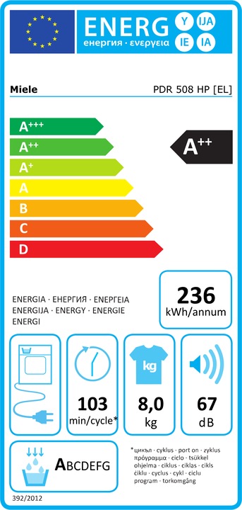 Energie-Label Miele PDR508HP ws Gewerbe-Trockner (8 kg, Links)