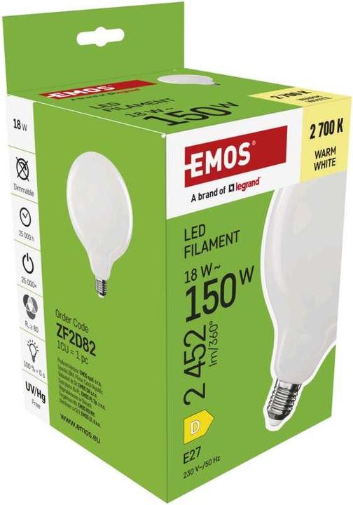 Actual product image Emos LED filament lamp G125 / E27 / 18 W (150 W) / 2452 lm / Warm white (E27, 2452 lm, 1x)