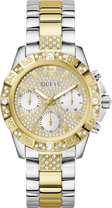 Produktbild Guess P SLV CS W/ P GLD TOP PART W/ CRYS / SUN WHT GLITZ MF DL / P SLV & GLD BRCT Armbanduhr (Uhr mit Schmuckstein, Analoguhr, 40 mm)