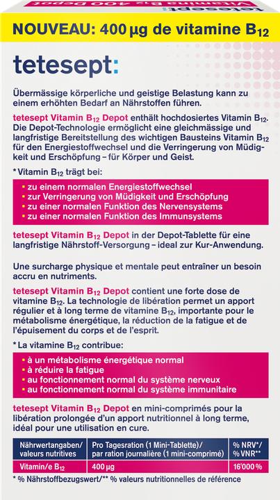 Valori nutrizionali e ingredienti Tetesept Vitamina B12 (30 pz., Pillole, 19 g)