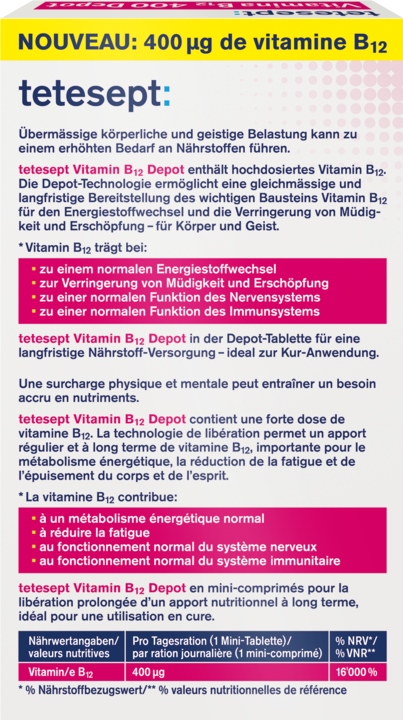 Nährwerte und Zutaten Tetesept Vitamin B12 (30 Stück, Tabletten, 19 g)