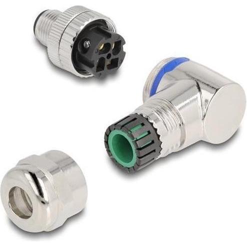 Thumbnail - Delock M12 Steckverbinder A-kodiert 4 Pin Stecker zur Montage mit Schraubanschluss 90° gewinkelt Met, Elektronikkabel + ...