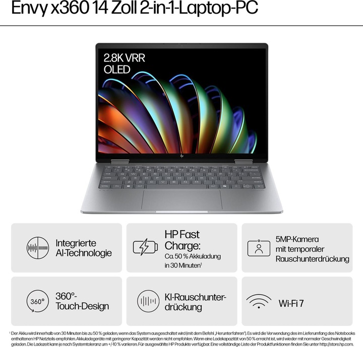 Produktbild HP ENVY x360 14-fa0153ng 14,0" 2.8k OLED Touch, AMD Ryzen 5 8640HS, 16GB RAM, 512 GB SSD, Windows 11 (14", AMD Ryzen 5 8640HS, 16 GB, 512 GB, DE)