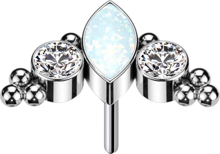 Actual product image Star Piercing Threadless oval opal white multicolour and two crystals silver (without brass, Titanium)
