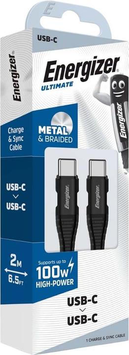 Produktbild Energizer Kabel aus Metall/geflochtenem Nylon – USB-C/USB-C – 2 m, schwarz (2 m, 100 W)
