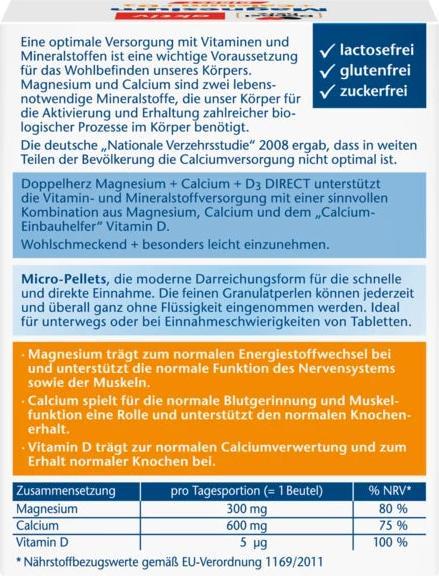 Nutritional values and ingredients Queisser Pharma Doppelherz Magnesium+Ca+D3 (20 pcs., Granulate)