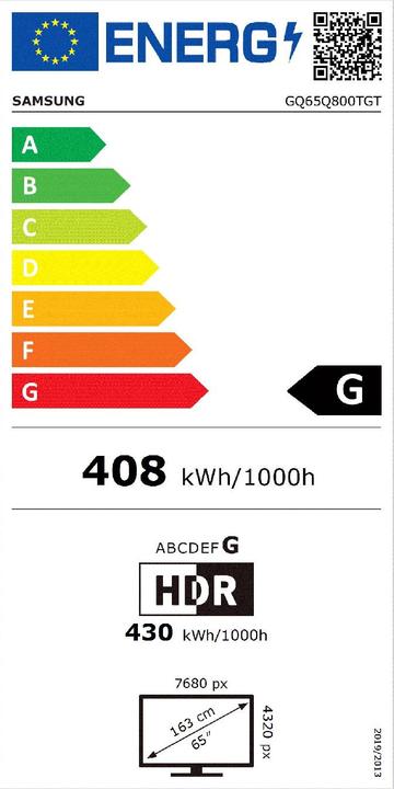 Energy Label Samsung GQ65Q800TGT - 163 cm (65") diagonal class Q800T Series LCD TV with LED backlight (65", QLED, 8K)