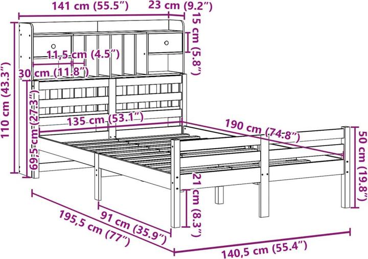 Produktbild vidaXL Bett mit Regal (135 x 190 cm)
