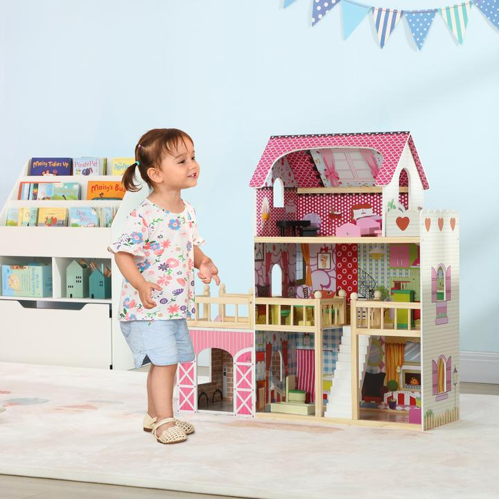 Produktbild Fasnacht Rosa Puppenhaus mit 3 Etagen 13 Möbelstücke aus MDF Holz 114x32x92cm