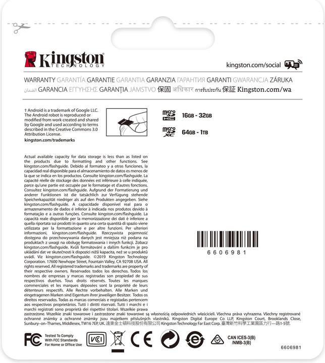 Productafbeelding Kingston Canvas Select Plus microSD 64GB Multi-Pack van 3 (64 GB, microSDXC, U1, UHS-I)