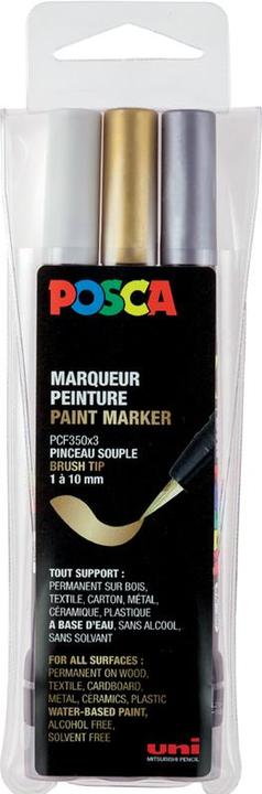 Actual product image Posca pensel marker saet PCF-350, tre farver, guld, sølv og hvid (Metallic assorted, 10 mm, 3 x)