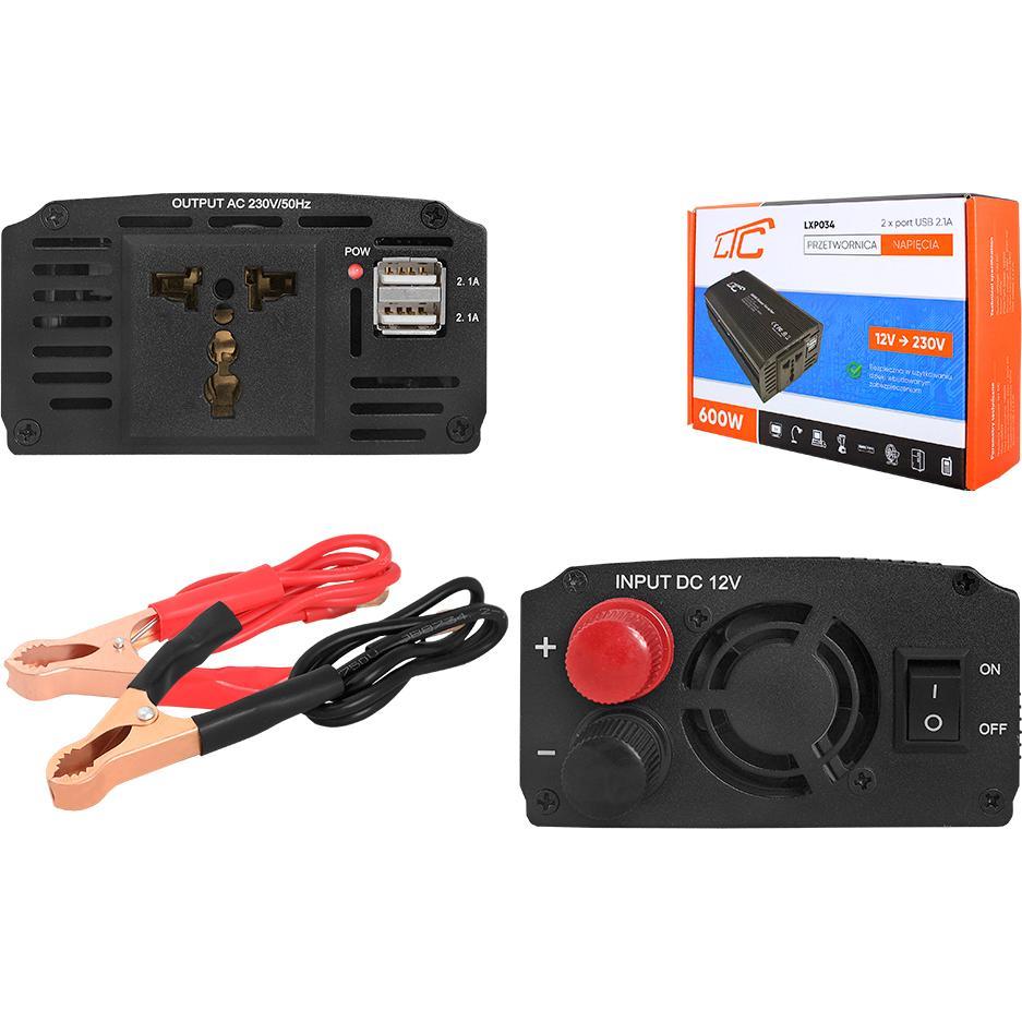 Thumbnail - LTC, Spannungswandler, Wechselrichter Eingang: 12V DC Aus: 230V/50Hz, 600W/1200W + 2xUSB-A 5V/2.4A