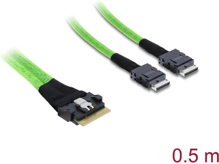 Produktbild Delock PCIe 4.0 Kabel Slim SAS SFF-8654 8i zu 2 x OCuLink SFF-8611 4i 0,5 m (50 cm)