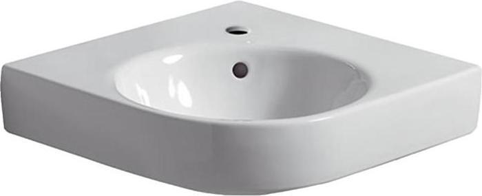 Produktbild Geberit Eckwaschtisch RENOVA COMPACT Schenkell. 50cm m HL mit Überlauf weiss (500 mm, 500 mm)